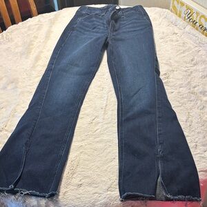 PAIGE Dark Indigo Flared Jeans with Frayed Hem